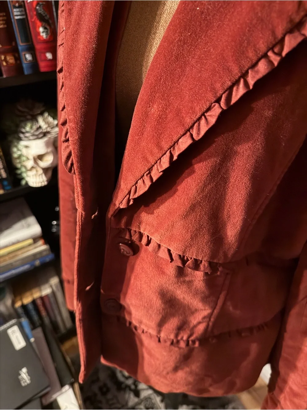 Ruffled Rust colored velvet Blazer- Classic Tailored Style
